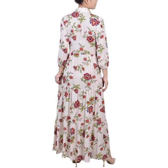 NWT Ny Collection Petites Crinkle Tiered Maxi Dress Ivory Floral Off White PL - Picture 2 of 6